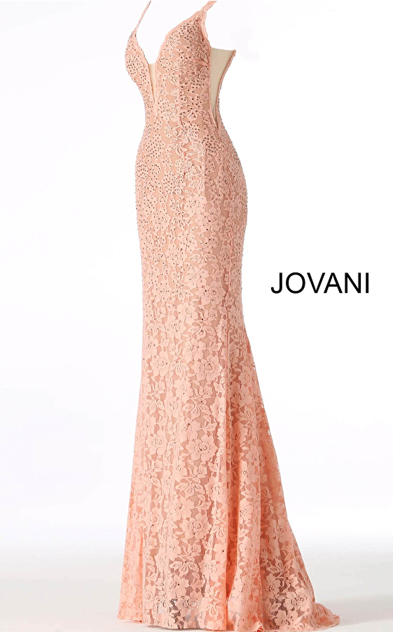 peach v neck fitted lace prom dress 48994